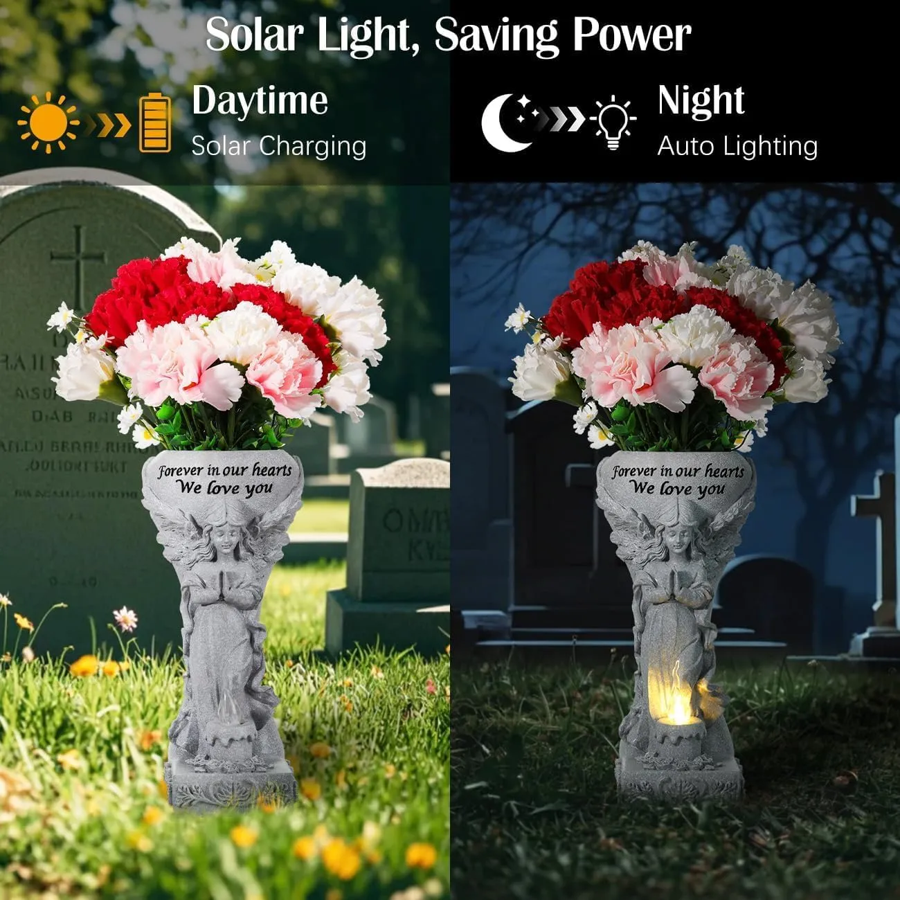 Solar Cemetery Vase for Grave, Grave Flowers Holder for Headstone Tomb Decoration, Praying Angel Garden Stake Sculpture with Solar Candle Light, Memorial Sympathy Gift, No Ground Spike, Grey