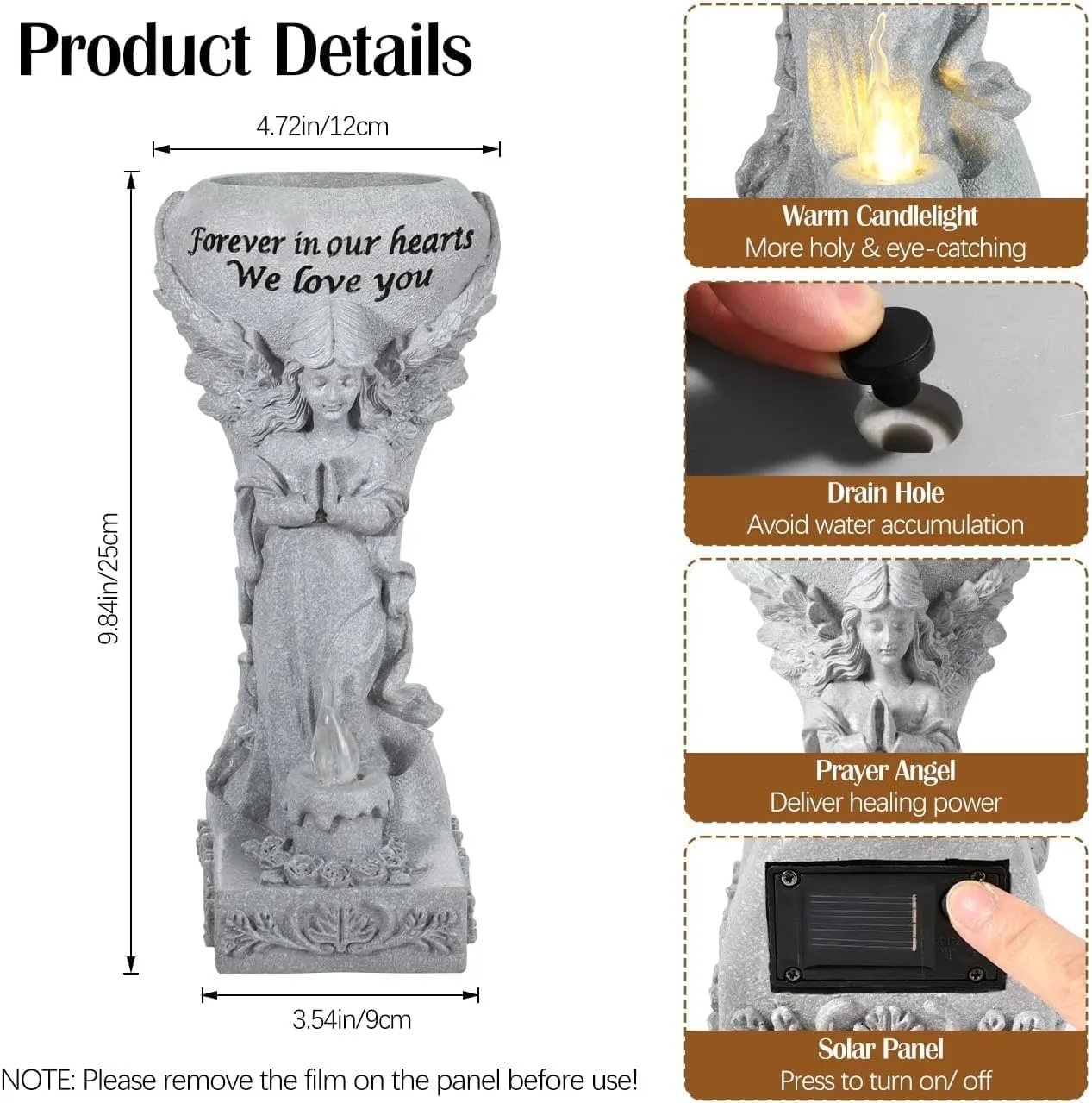 Solar Cemetery Vase for Grave, Grave Flowers Holder for Headstone Tomb Decoration, Praying Angel Garden Stake Sculpture with Solar Candle Light, Memorial Sympathy Gift, No Ground Spike, Grey