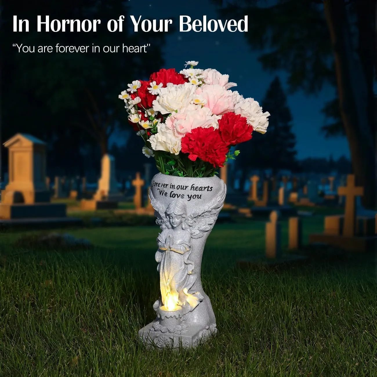 Solar Cemetery Vase for Grave, Grave Flowers Holder for Headstone Tomb Decoration, Praying Angel Garden Stake Sculpture with Solar Candle Light, Memorial Sympathy Gift, No Ground Spike, Grey
