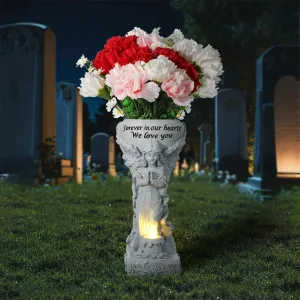 Solar Cemetery Vase for Grave, Grave Flowers Holder for Headstone Tomb Decoration, Praying Angel Garden Stake Sculpture with Solar Candle Light, Memorial Sympathy Gift, No Ground Spike, Grey