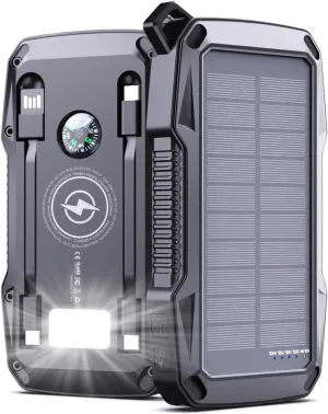 Solar Charger Power Bank 10000mAh, with Security Alarm, 22.5W Fast Charging Portable Wireless Phone Charger Dual USB C Cables, LED Flashlight, Waterproof Battery Pack for Outdoor Camping Hiking Travel