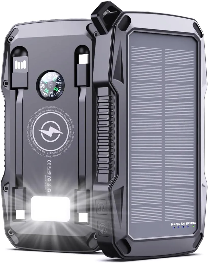 Solar Charger Power Bank 10000mAh, with Security Alarm, 22.5W Fast Charging Portable Wireless Phone Charger Dual USB C Cables, LED Flashlight, Waterproof Battery Pack for Outdoor Camping Hiking Travel