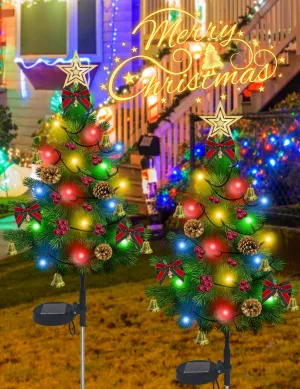 Solar Christmas Tree Pathway Lights, 40 Multi-Color LED Solar Powered Christmas Tree Decorations, 2 Lighting Modes, 66 Ornaments, Waterproof Mini Artificial Xmas Trees for Outdoor Garden Stakes-2 Pack