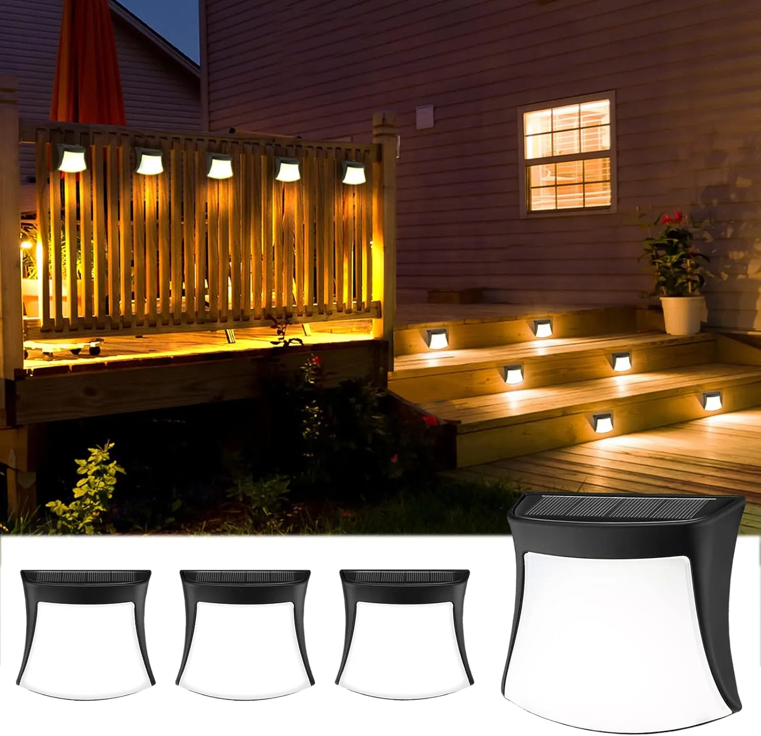 Solar Deck Lights Outdoor Waterproof 4 Pack, 30LM LED Solar Lights Outdoor Fence Lights for Garden, Yard, Patio, Stairs, Step Decorationand Pathway, (Warm White)