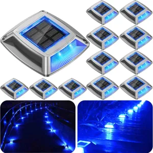 Solar Driveway Lights 12-Pack - 4 LED IP68 Waterproof Marine Solar Dock Lights | Solar Powered Safety Markers for Pathway/Sidewalk/Garden/Stair/Deck | Auto Dusk to Dawn (Blue)