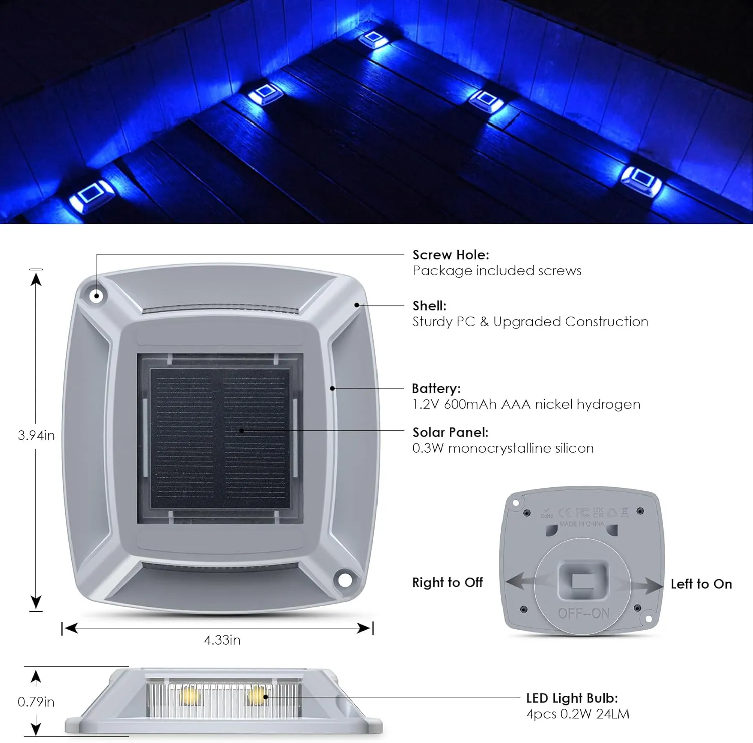 Solar Driveway Lights 12-Pack - 4 LED IP68 Waterproof Marine Solar Dock Lights | Solar Powered Safety Markers for Pathway/Sidewalk/Garden/Stair/Deck | Auto Dusk to Dawn (Blue)