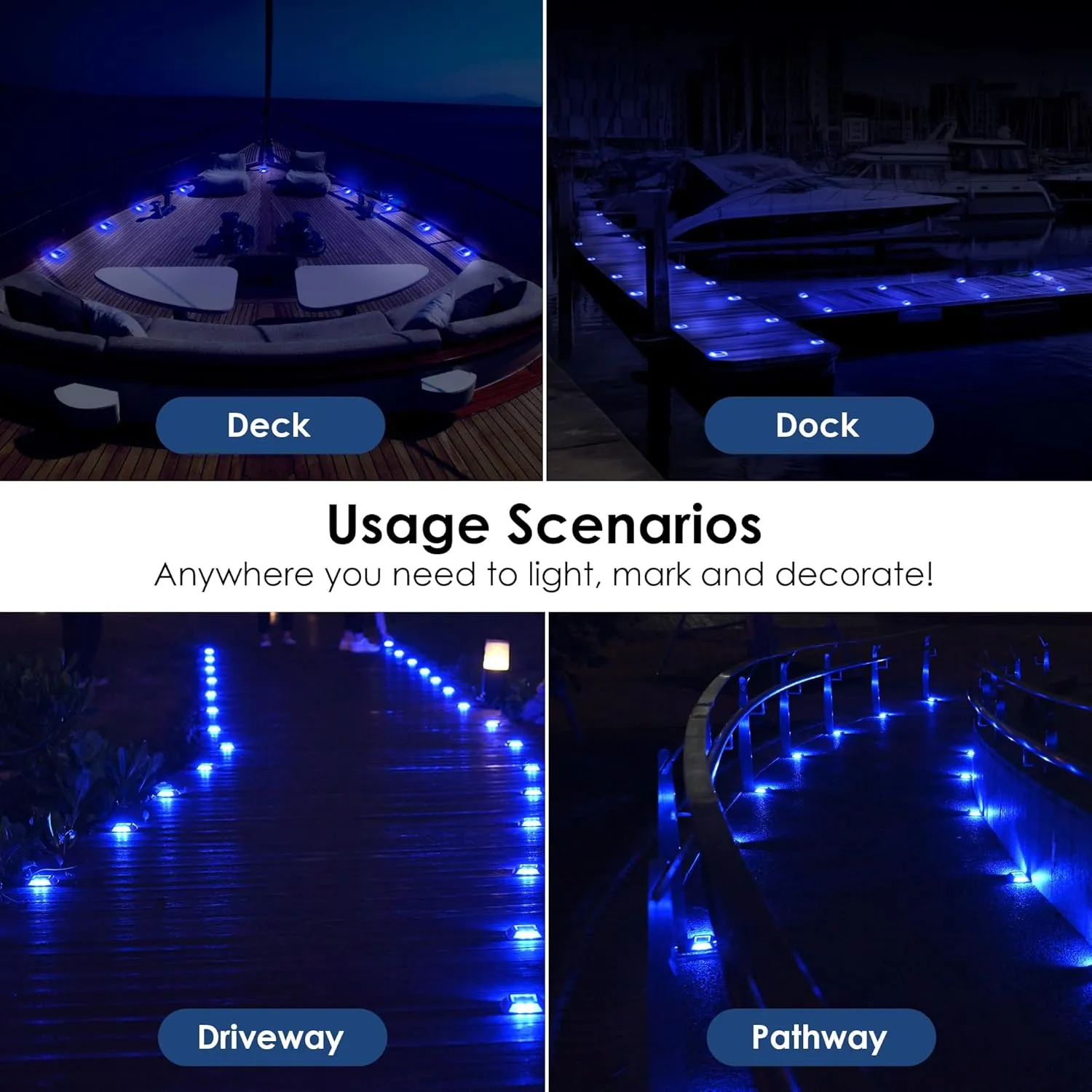 Solar Driveway Lights 12-Pack - 4 LED IP68 Waterproof Marine Solar Dock Lights | Solar Powered Safety Markers for Pathway/Sidewalk/Garden/Stair/Deck | Auto Dusk to Dawn (Blue)