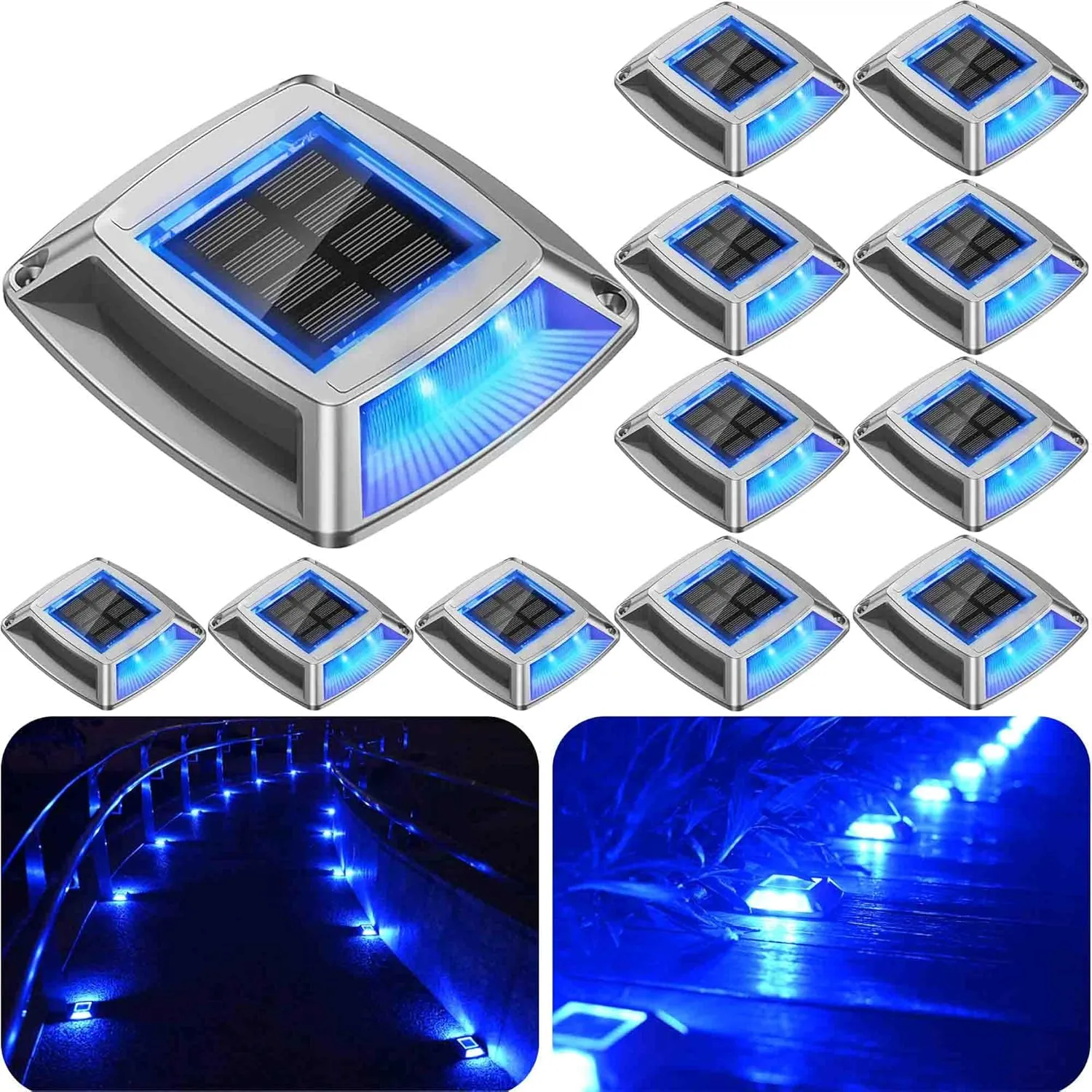 Solar Driveway Lights 12-Pack - 4 LED IP68 Waterproof Marine Solar Dock Lights | Solar Powered Safety Markers for Pathway/Sidewalk/Garden/Stair/Deck | Auto Dusk to Dawn (Blue)