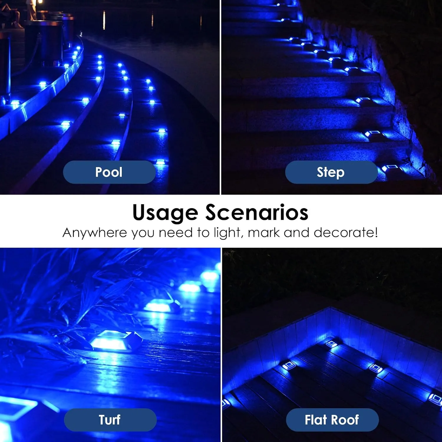 Solar Driveway Lights 12-Pack - 4 LED IP68 Waterproof Marine Solar Dock Lights | Solar Powered Safety Markers for Pathway/Sidewalk/Garden/Stair/Deck | Auto Dusk to Dawn (Blue)