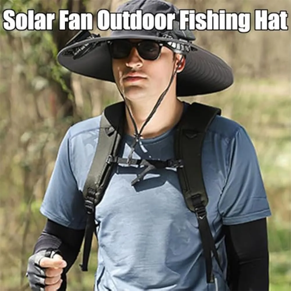 Solar Fan Hat, Wide Brim Sun Hat with 2 Solar Fan, Removable & USB Charging Fan, UPF 50  Bucket Fishing Beach Hat