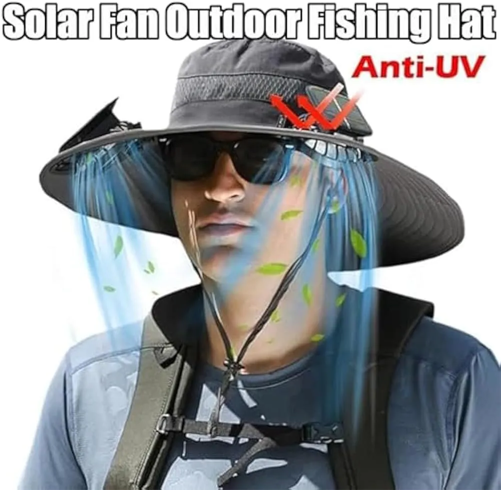 Solar Fan Hat, Wide Brim Sun Hat with 2 Solar Fan, Removable & USB Charging Fan, UPF 50  Bucket Fishing Beach Hat