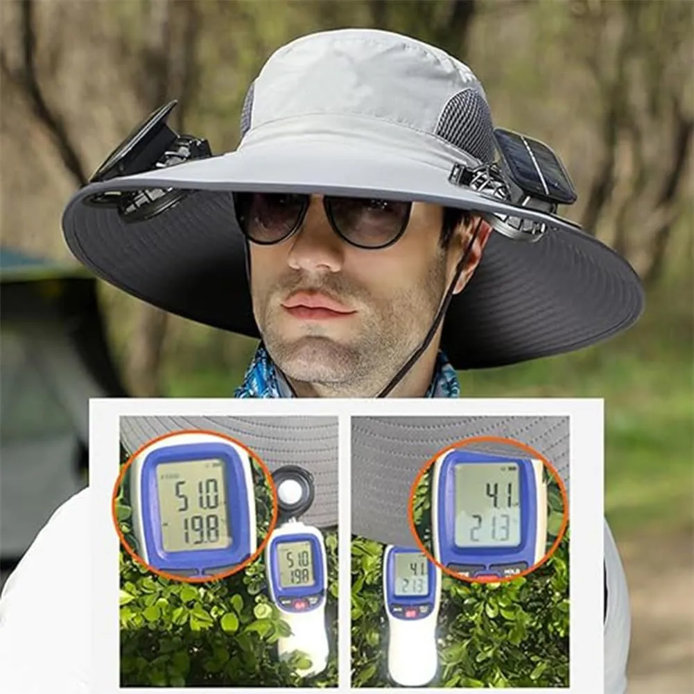 Solar Fan Hat, Wide Brim Sun Hat with 2 Solar Fan, Removable & USB Charging Fan, UPF 50  Bucket Fishing Beach Hat