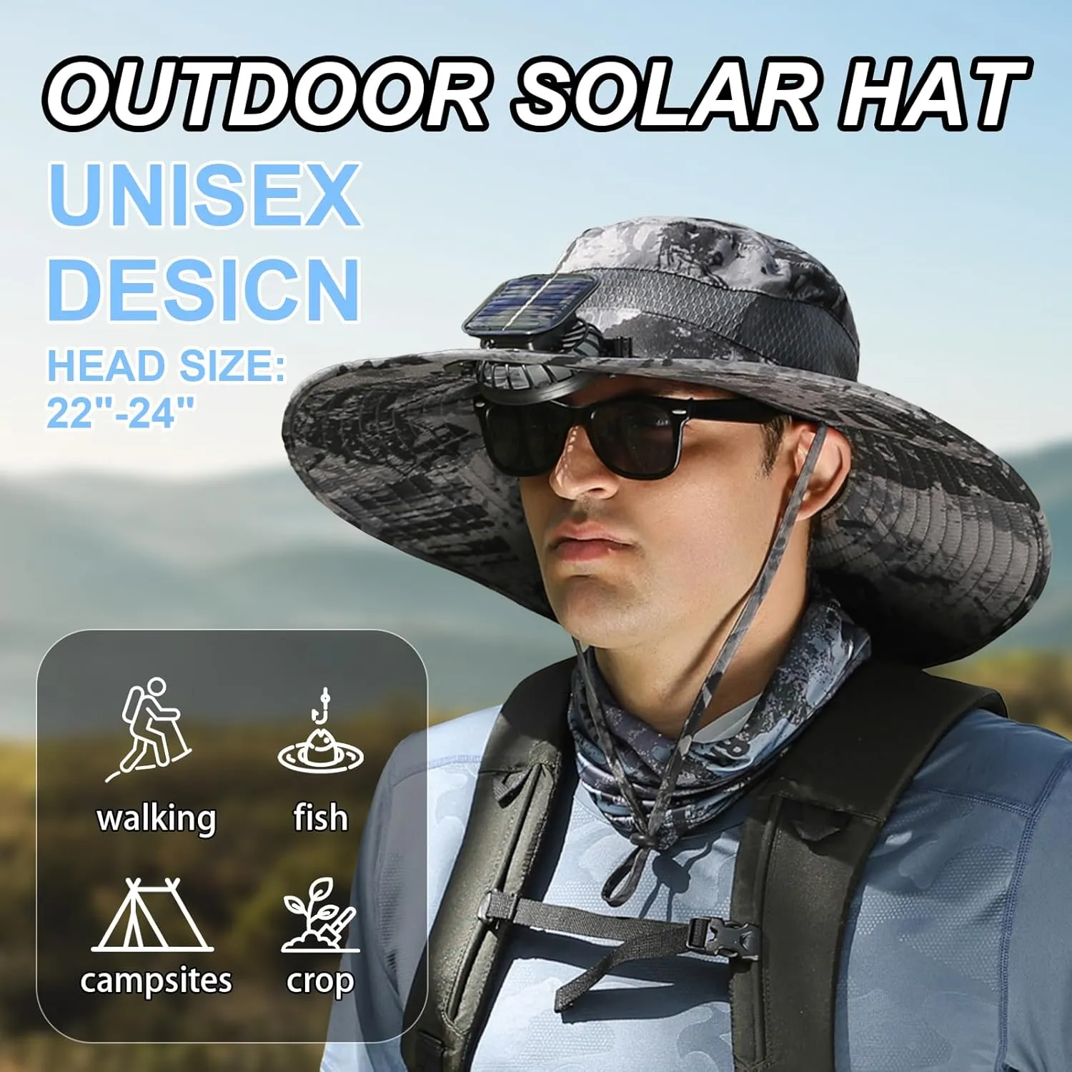 Solar Fan Sun Hat UPF50  – Wide Brim Rechargeable Fan, Lightweight for Fishing/Outdoor – Unisex 2025 Model