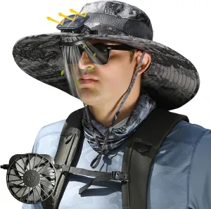 Solar Fan Sun Hat UPF50  – Wide Brim Rechargeable Fan, Lightweight for Fishing/Outdoor – Unisex 2025 Model