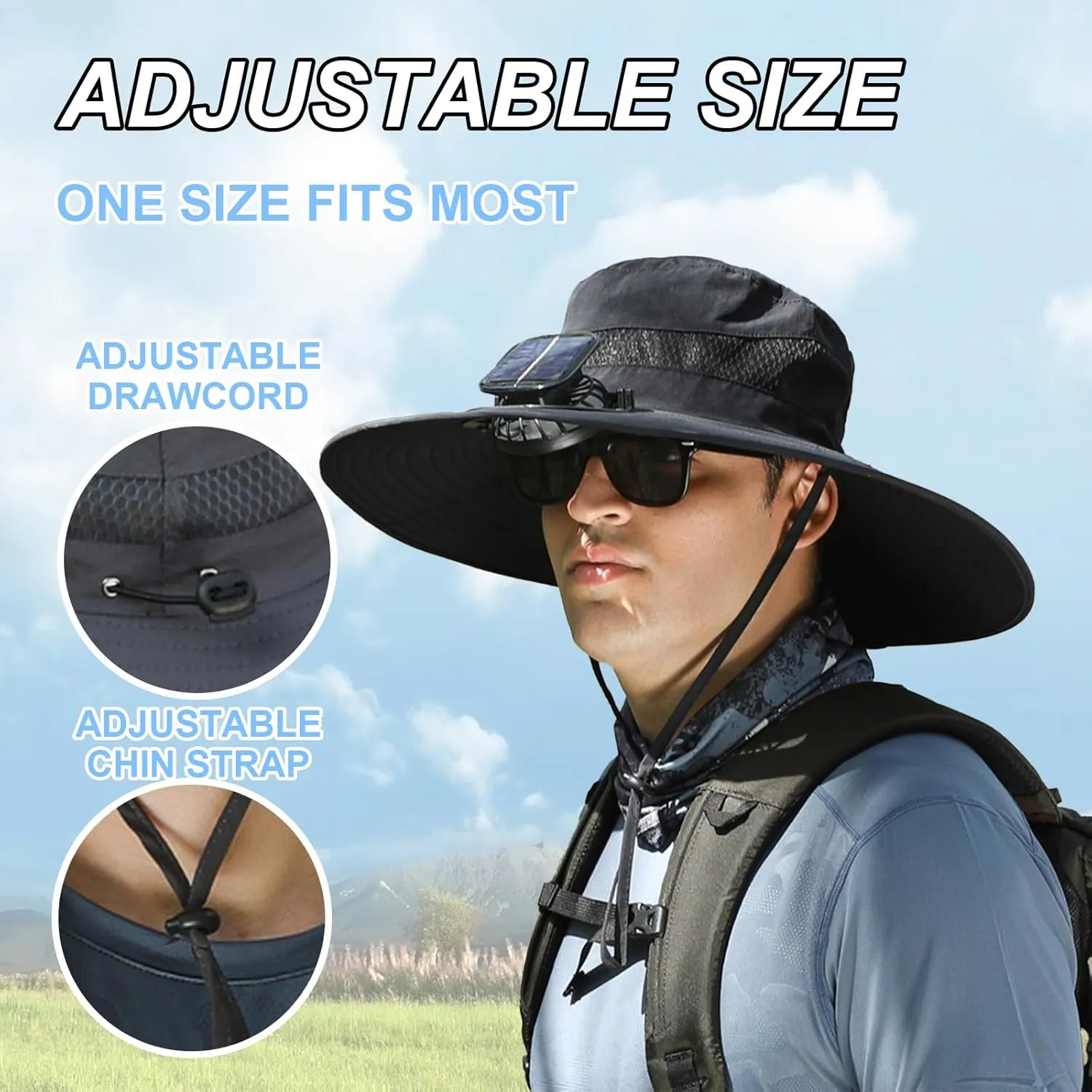 Solar Fan Sun Hat UPF50  – Wide Brim Rechargeable Fan, Lightweight for Fishing/Outdoor – Unisex 2025 Model