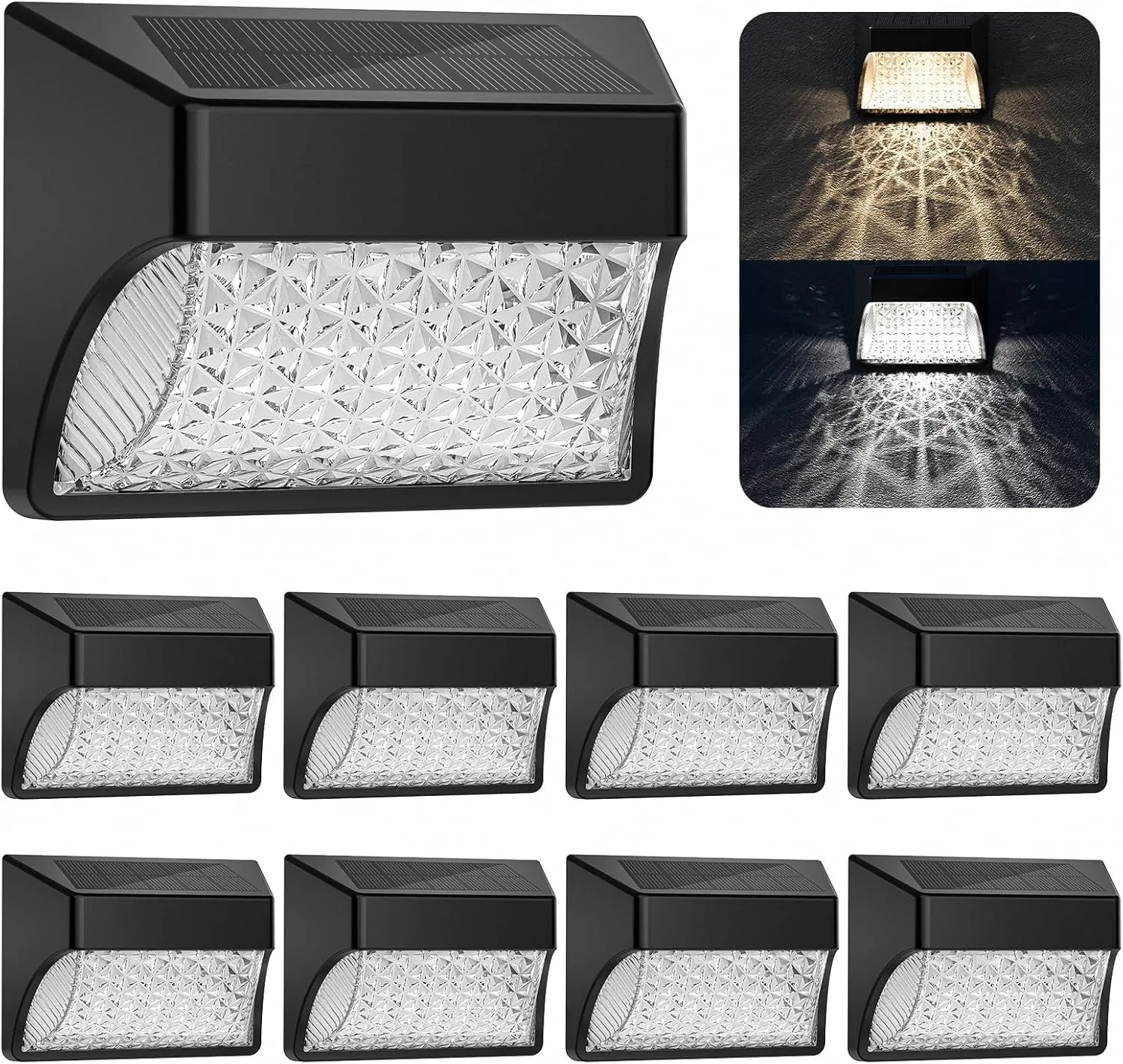 Solar Fence Deck Lights Outdoor 8 Pack Waterproof Dusk to Dawn Warm White/Cool White, Solar Powered LED Lights Decor for Outside Stair Step Yard Patio (Black)