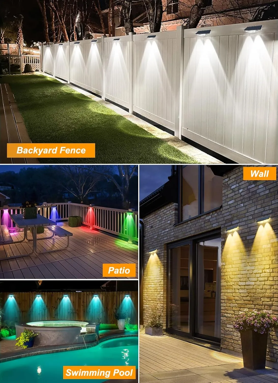 Solar Fence Lights, Fence Light Solar Powered with 6 RGB Colors & Warm White & Cool White, Waterproof Bright Backyard Fence Solar Outdoor Lights for Outside Deck Wall Step Patio Pool(12 Packs)