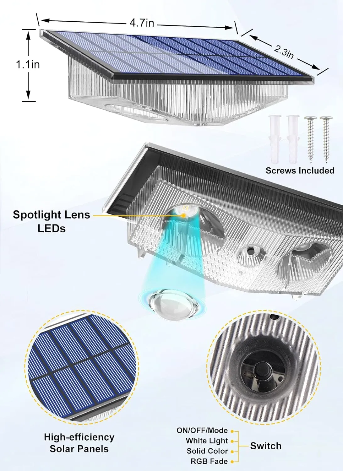 Solar Fence Lights, Fence Light Solar Powered with 6 RGB Colors & Warm White & Cool White, Waterproof Bright Backyard Fence Solar Outdoor Lights for Outside Deck Wall Step Patio Pool(12 Packs)