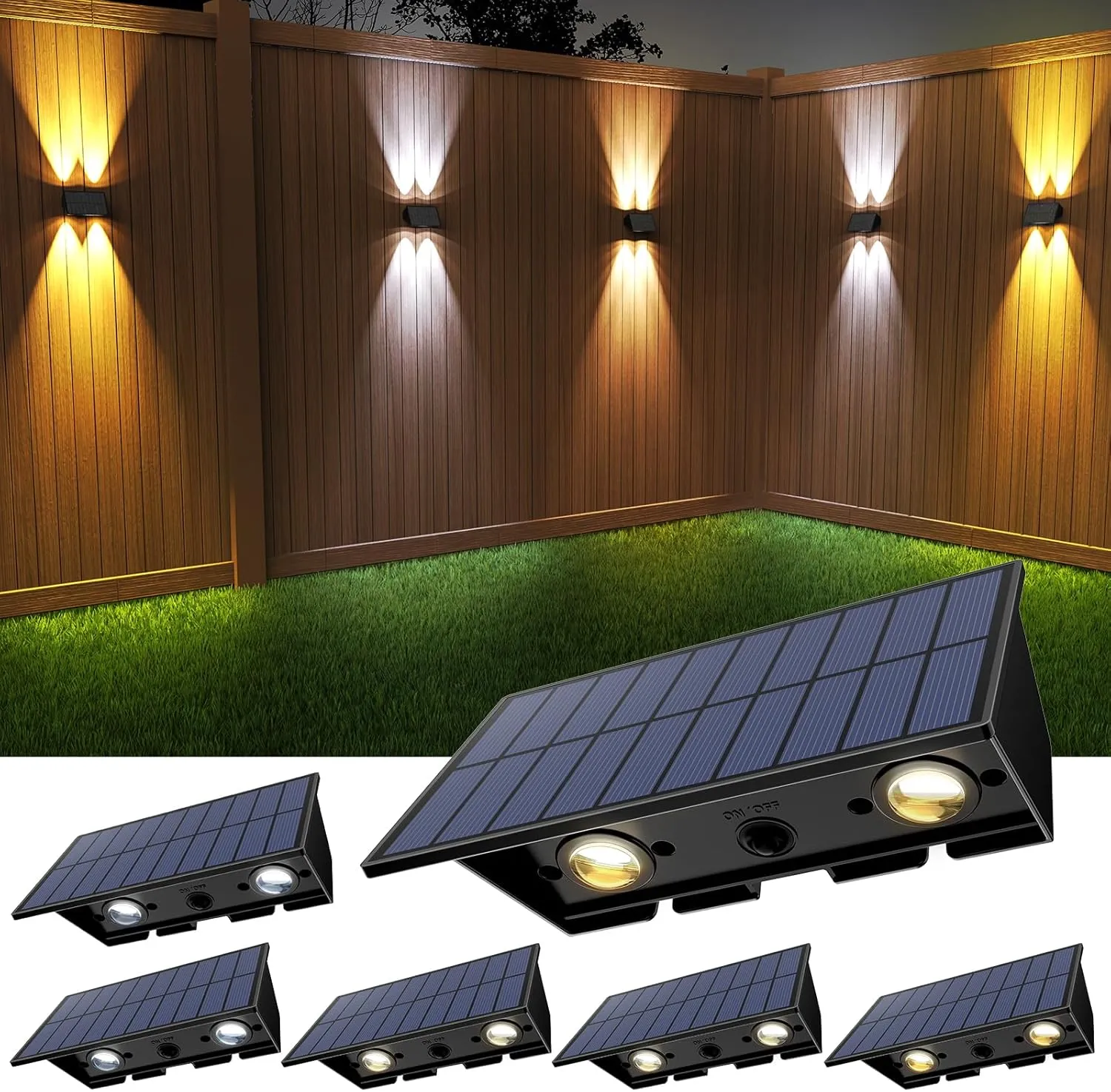 Solar Fence Lights,6Pack Solar Lights Outdoor 2700/4500/6000K 3 Mode Up & Down Solar Wall Lights Waterproof 100 Lumens Solar Powered Fence Light for Backyard/Pool/Railing/Patio/Porch/Step