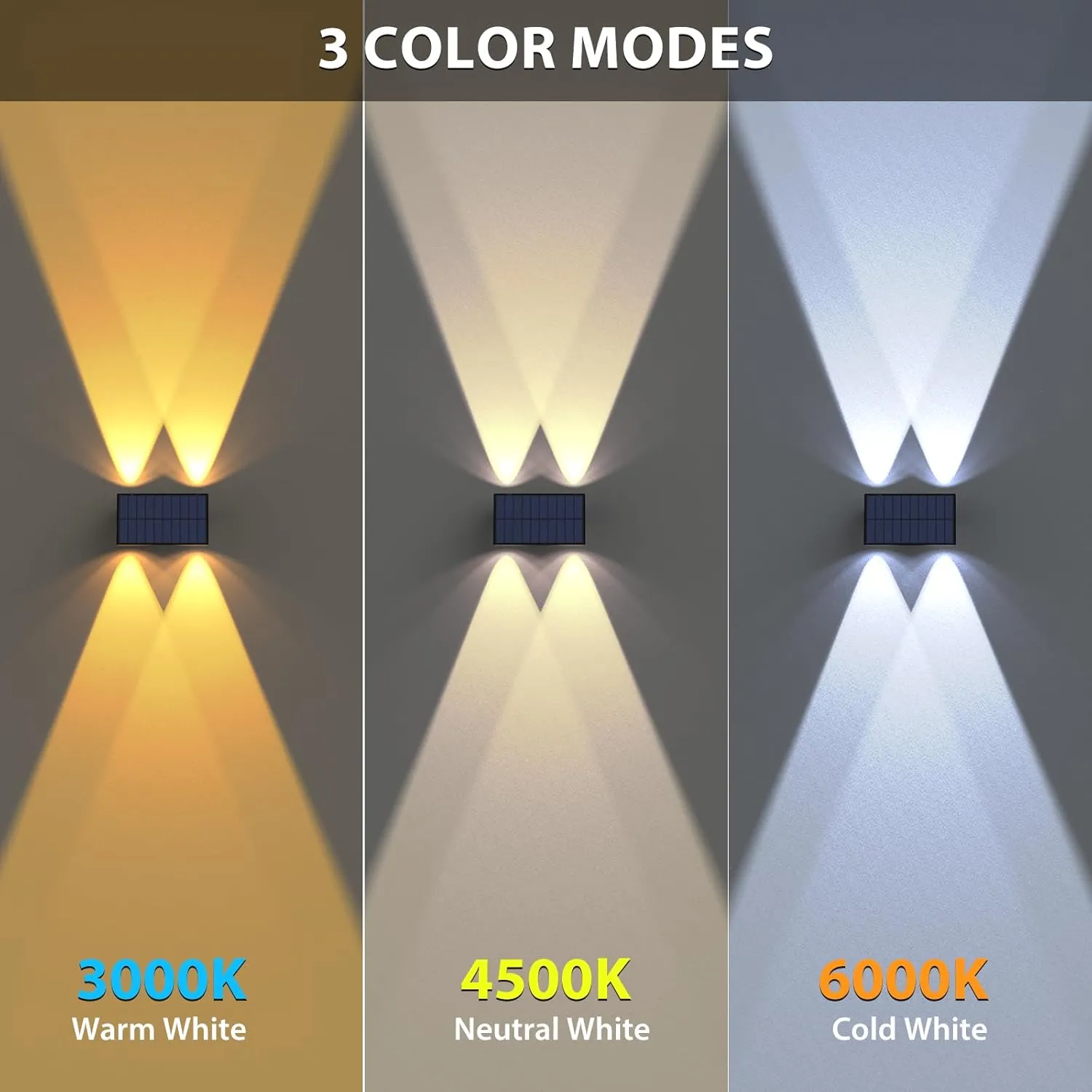 Solar Fence Lights,6Pack Solar Lights Outdoor 2700/4500/6000K 3 Mode Up & Down Solar Wall Lights Waterproof 100 Lumens Solar Powered Fence Light for Backyard/Pool/Railing/Patio/Porch/Step
