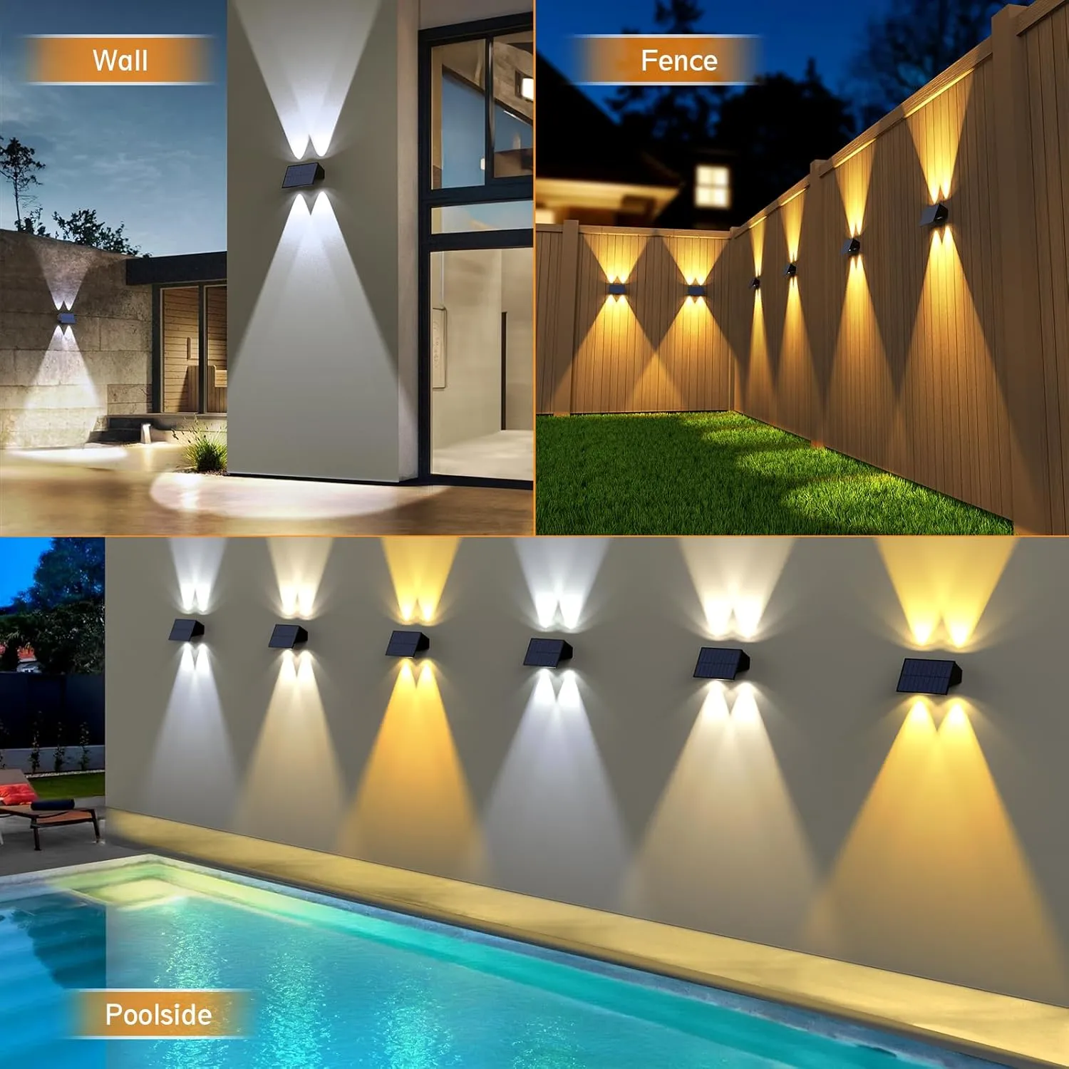Solar Fence Lights,6Pack Solar Lights Outdoor 2700/4500/6000K 3 Mode Up & Down Solar Wall Lights Waterproof 100 Lumens Solar Powered Fence Light for Backyard/Pool/Railing/Patio/Porch/Step
