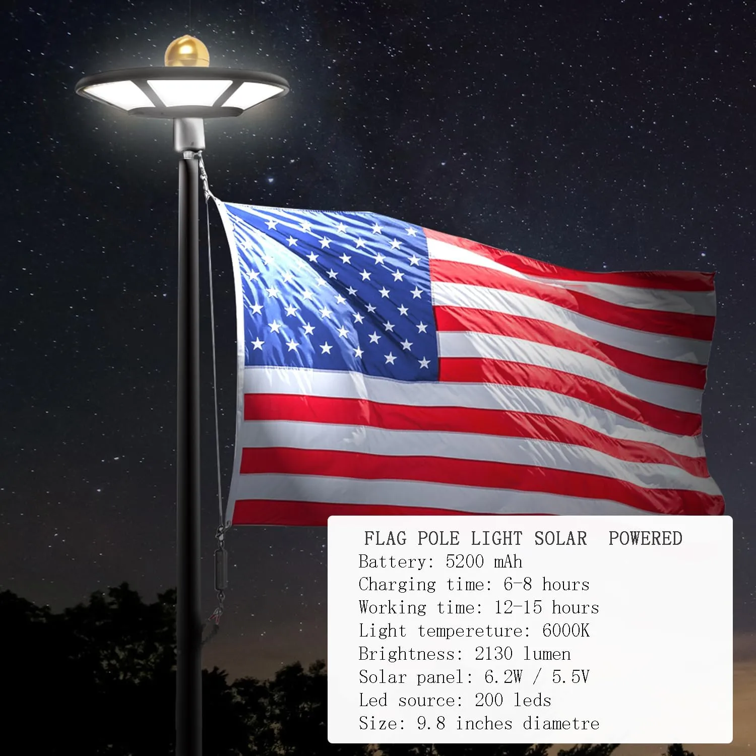 Solar Flag Pole Light, 200 LEDs Super Bright Flagpole Light Solar Powered for Outdoor 15-25'' Flag Poles, Up to 12 Hrs, Waterproof & 100% Flag Illumination (Black), large, ET-889-200-B