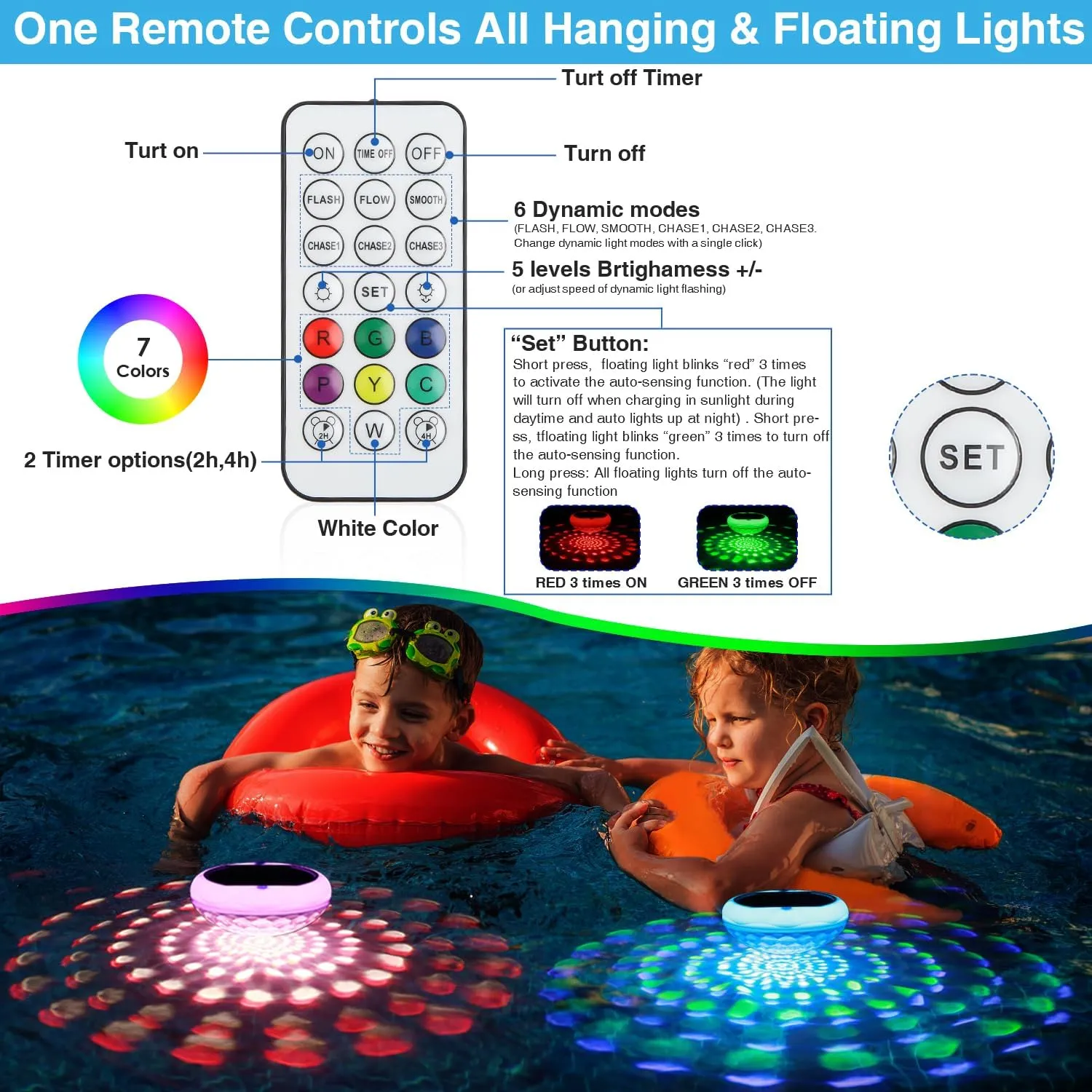 Solar Floating Pool Lights, USB Rechargeable Pool Lights with Remote, 6.7" 2600mAh IP68 Waterproof Floating Light 6 Dynamic Modes Upper and Lower Glow Hangable Light for Pond Patio Party 2 PCS