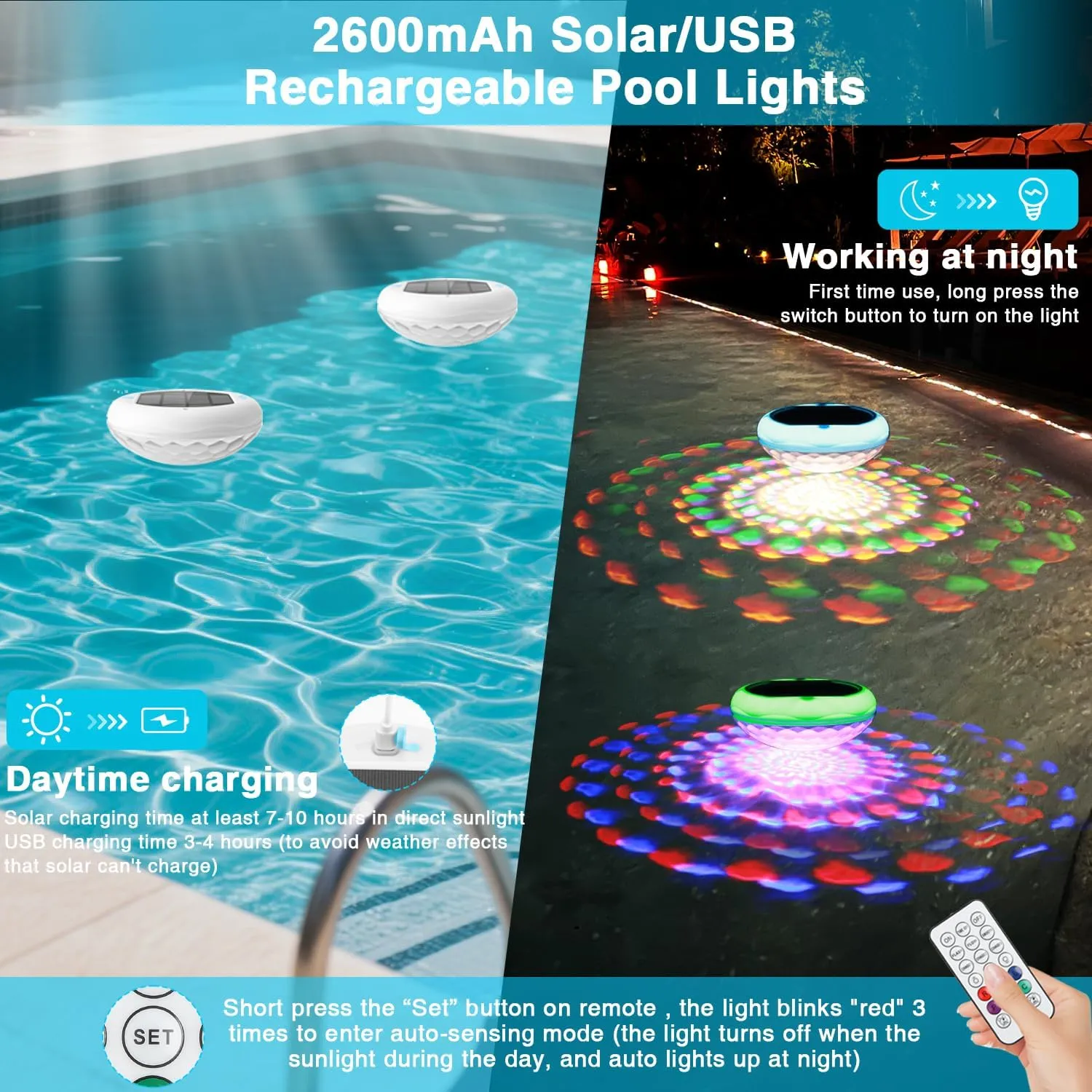 Solar Floating Pool Lights, USB Rechargeable Pool Lights with Remote, 6.7" 2600mAh IP68 Waterproof Floating Light 6 Dynamic Modes Upper and Lower Glow Hangable Light for Pond Patio Party 2 PCS