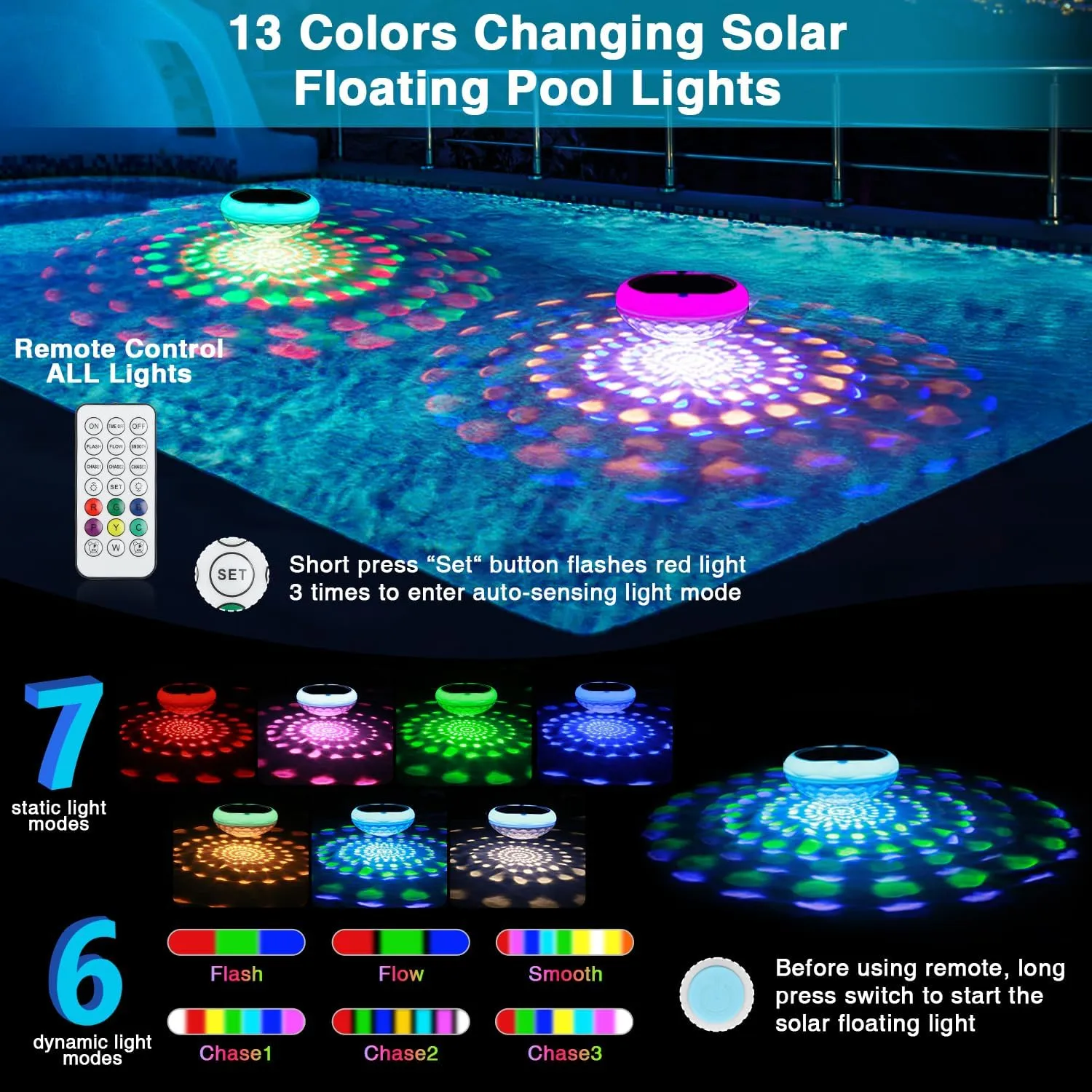Solar Floating Pool Lights, USB Rechargeable Pool Lights with Remote, 6.7" 2600mAh IP68 Waterproof Floating Light 6 Dynamic Modes Upper and Lower Glow Hangable Light for Pond Patio Party 2 PCS
