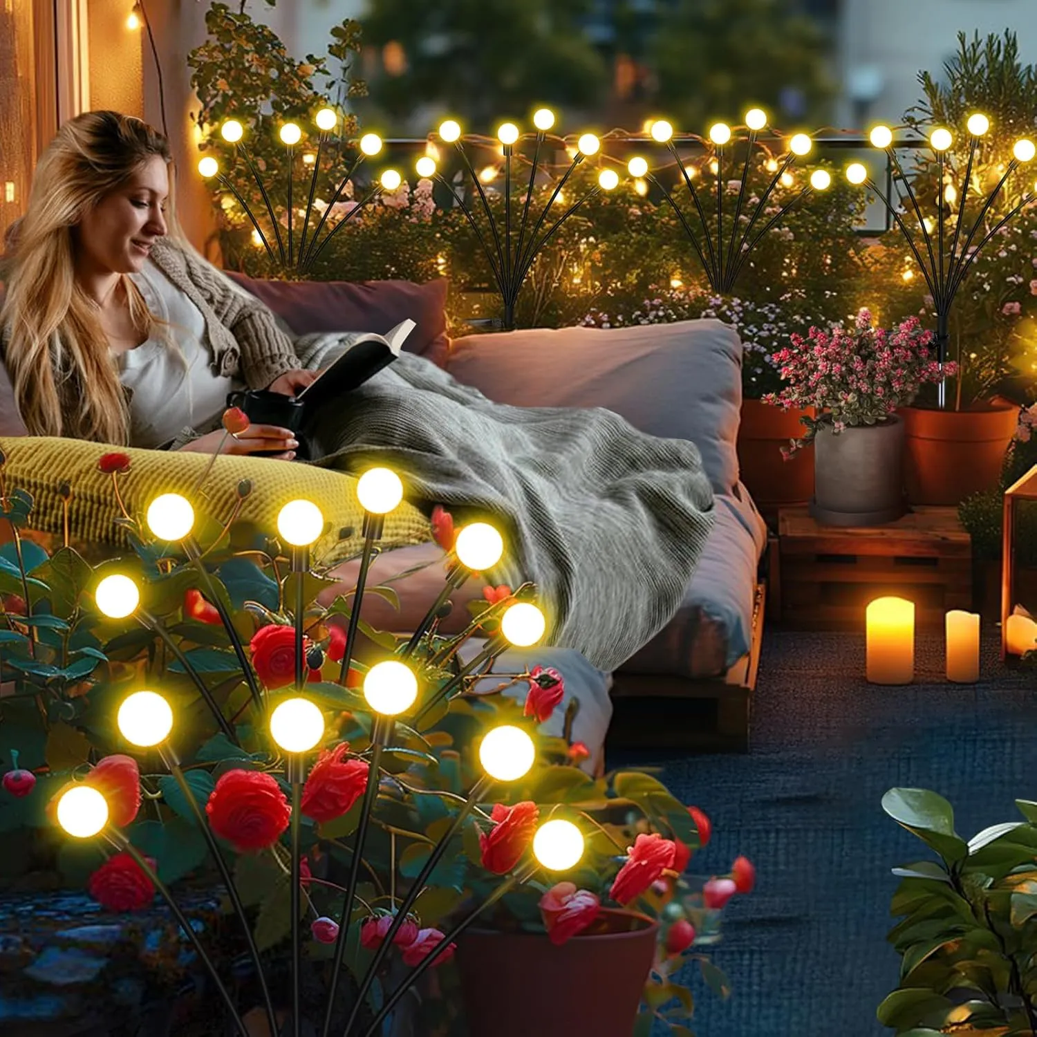 Solar Garden Lights Outdoor, 4 Pack Firefly Swaying Lights, Waterproof Garden Decor for Yard Patio Pathway Lawn, Gardening Gifts for Women Christmas Decoration