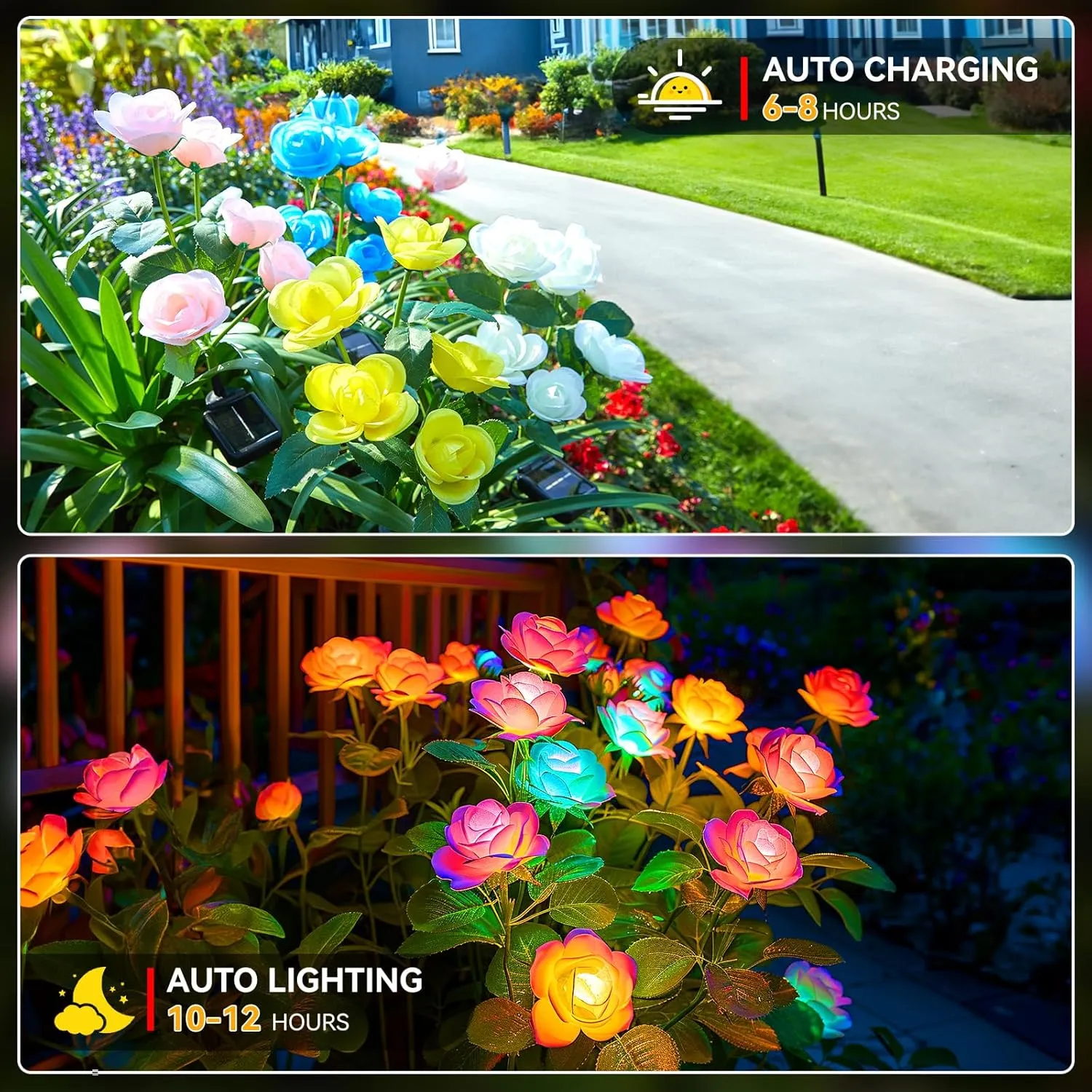 Solar Garden Lights Outdoor, 4 Pack Solar Light Outdoor with 20 Rose Flowers, Waterproof 7 Color Changing Solar Powered Flowers Lights for Outside Patio Yard Pathway