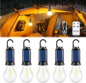 Solar Hooked Camping Light, Solar Rechargeable Hooked Camping Light, Waterproof Portable Solars Campings Lights, 3 Lights Modes Adjustable LED Camp Bulbs for Hiking, Fishing (5 PCS Remote Control)