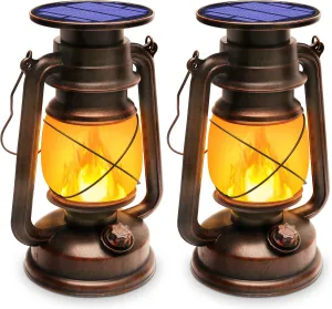 Solar Lantern Outdoor Waterproof,LED Vintage Flickering Flame Solar Lights,Camping Lamps,Solar Powered Hanging Rustic Heavy Duty Lantern Landscape Decor for Patio Garden Yard Deck Pathway,2Pack