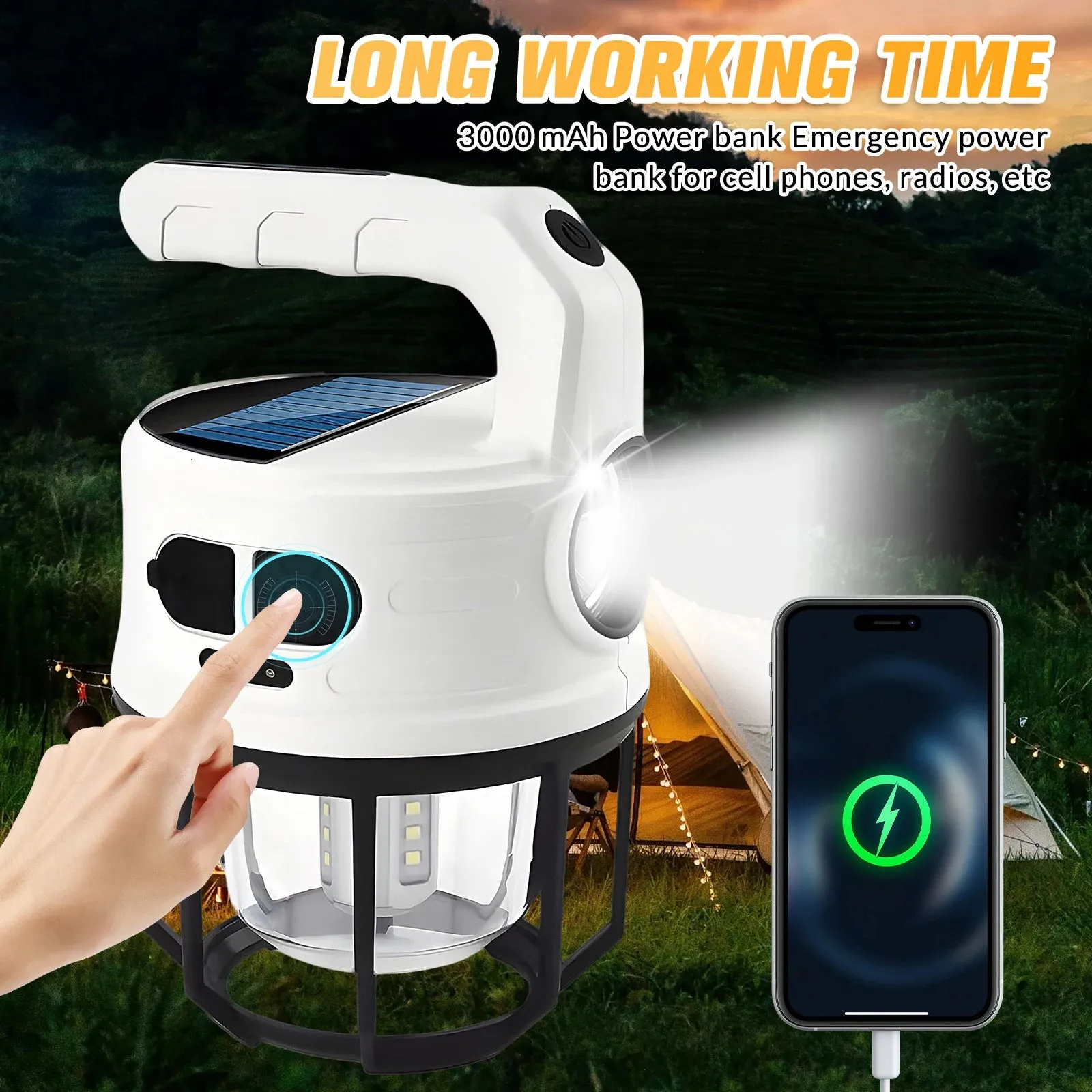 Solar LED Camping Light with USB Charging and Hook