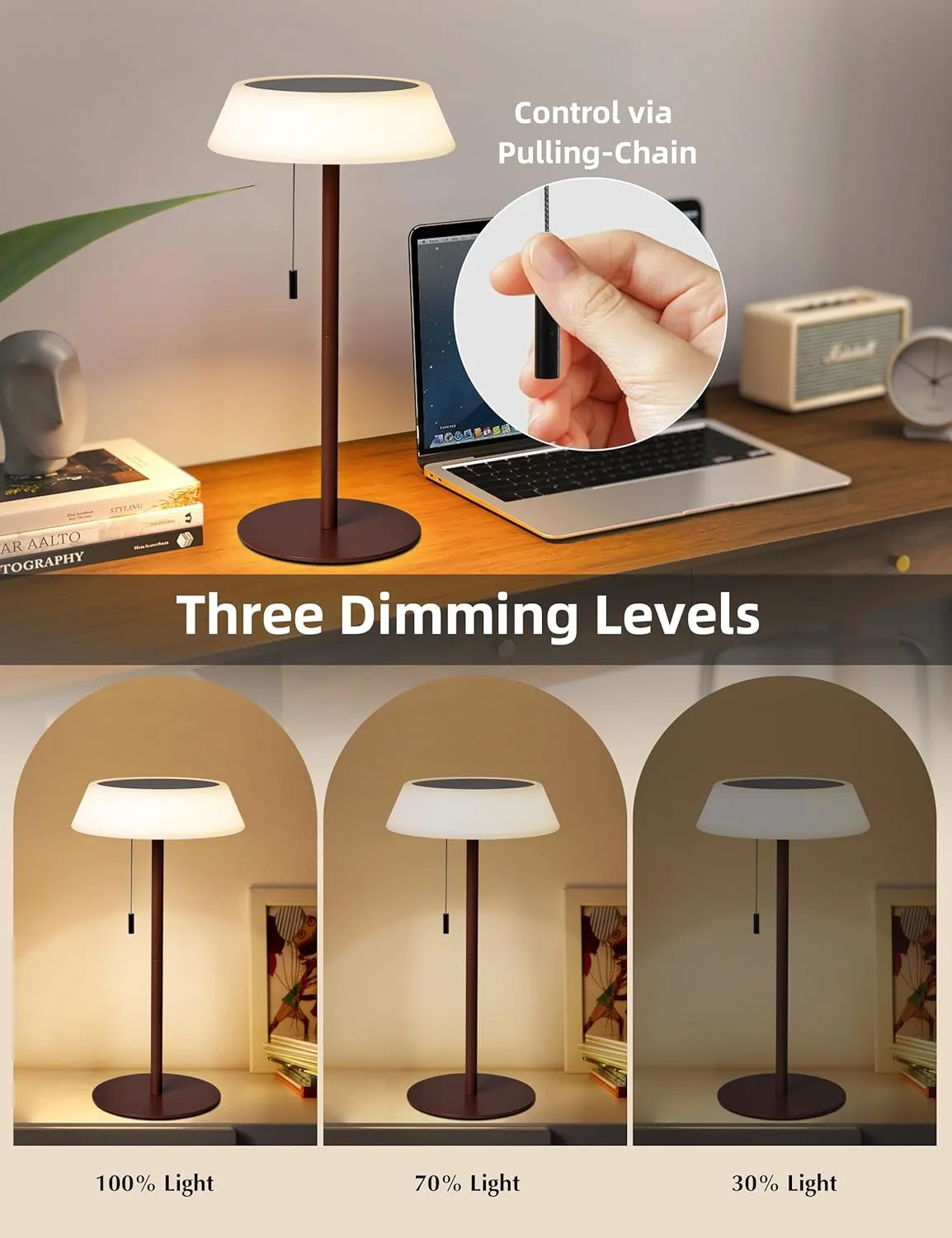 Solar LED Outdoor Table Lamp Waterproof, 3 Level Dimmable Desk Night Light, Portable Cordless USB Rechargeable, for Home/Deck/Patio/Garden (Bronze)