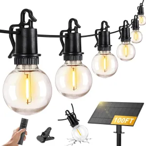 Solar Light Outdoor String Lights Waterproof 100FT G40 Patio lights Solar Powered with Remote & USB Port 30 2 LED Shatterproof Bulbs 3 Light Modes, Dimmable Solar Lights for Camping for Porch Backyard