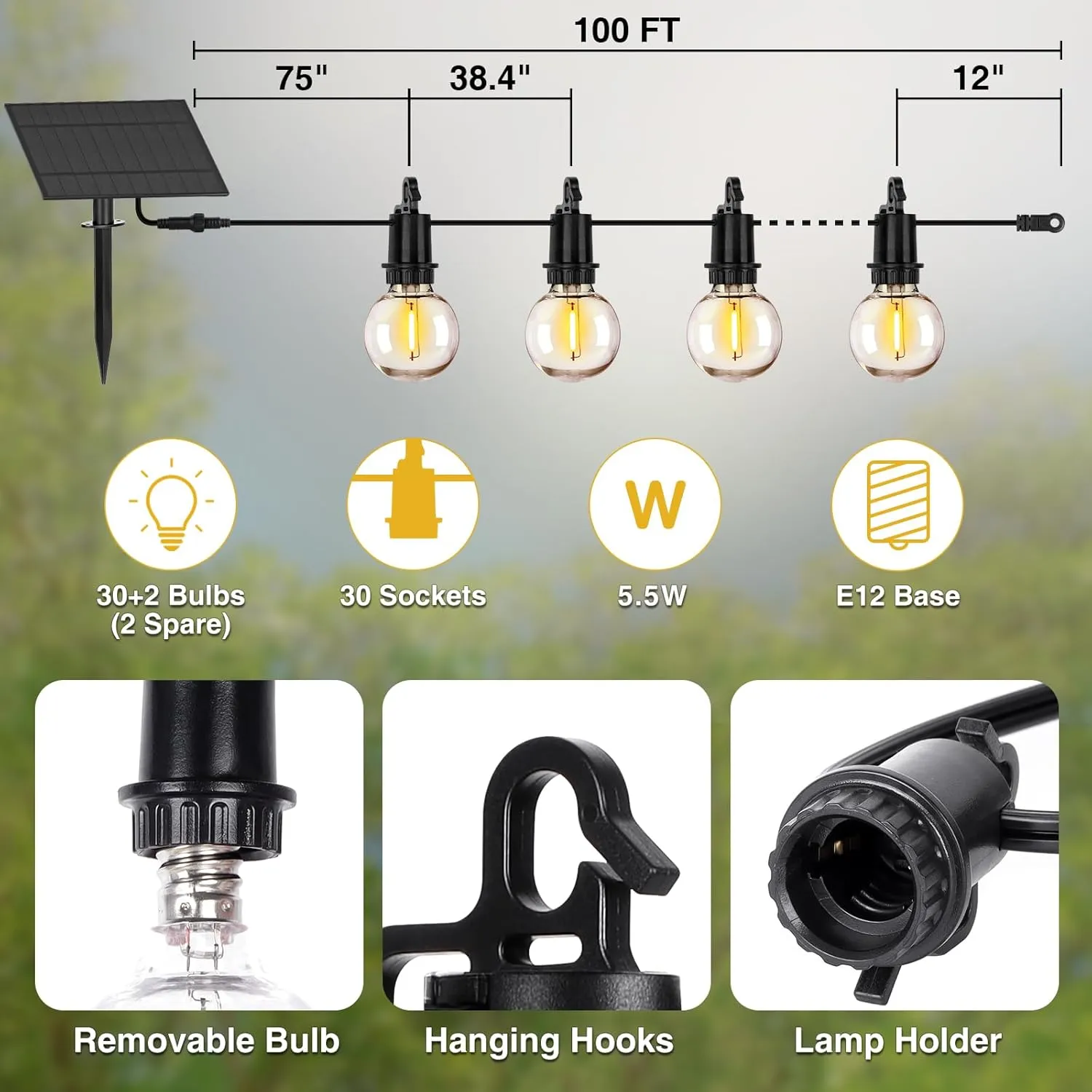 Solar Light Outdoor String Lights Waterproof 100FT G40 Patio lights Solar Powered with Remote & USB Port 30 2 LED Shatterproof Bulbs 3 Light Modes, Dimmable Solar Lights for Camping for Porch Backyard