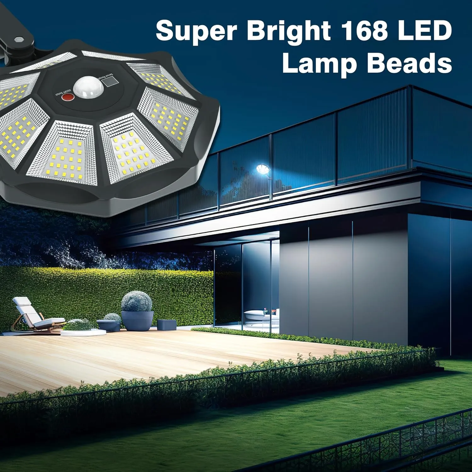 Solar Lights Outdoor, 168LED 6500K Flood Light Dusk to Dawn, 8 Sides Solar Outdoor Lights with Motion Sensor, IP66 Waterproof Solar Street Lights Outdoor for Yard, Pools(4 Pack)