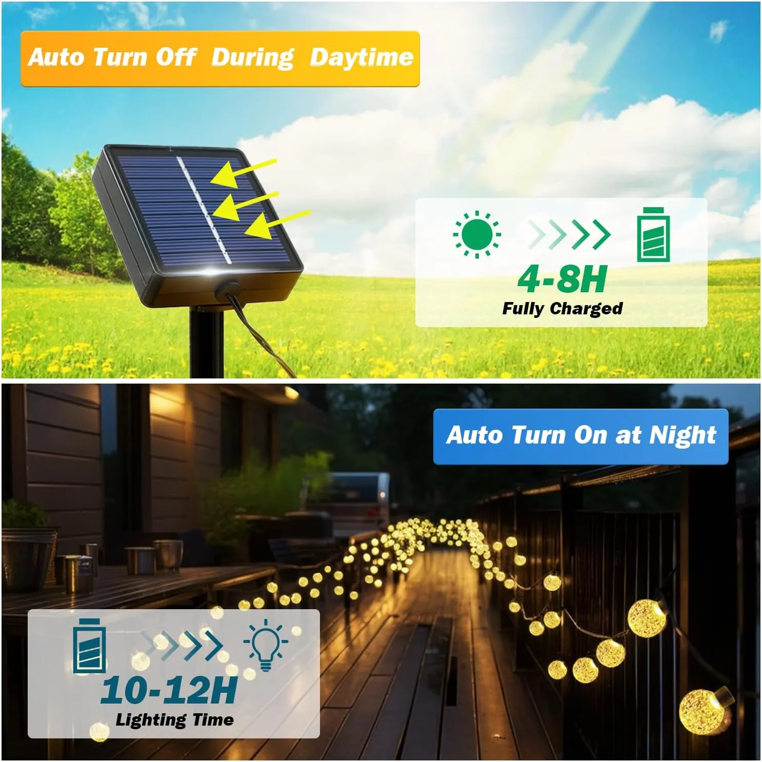Solar Lights Outdoor Waterproof, 2 Pack Total 120LED 72FT Solar String Lights for Outside with 8 Modes, Outdoor String Lights Crystal Globe Patio Lights for Garden Yard Party Decor (Warm White)