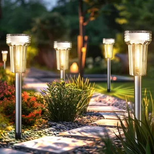 Solar Lights Outdoor Waterproof, 8 Pack Stainless Steel Solar Pathway Lights LED Tungsten Outdoor Lighting Garden Decor for Path Yard Lawn Walkway Driveway, 3000K