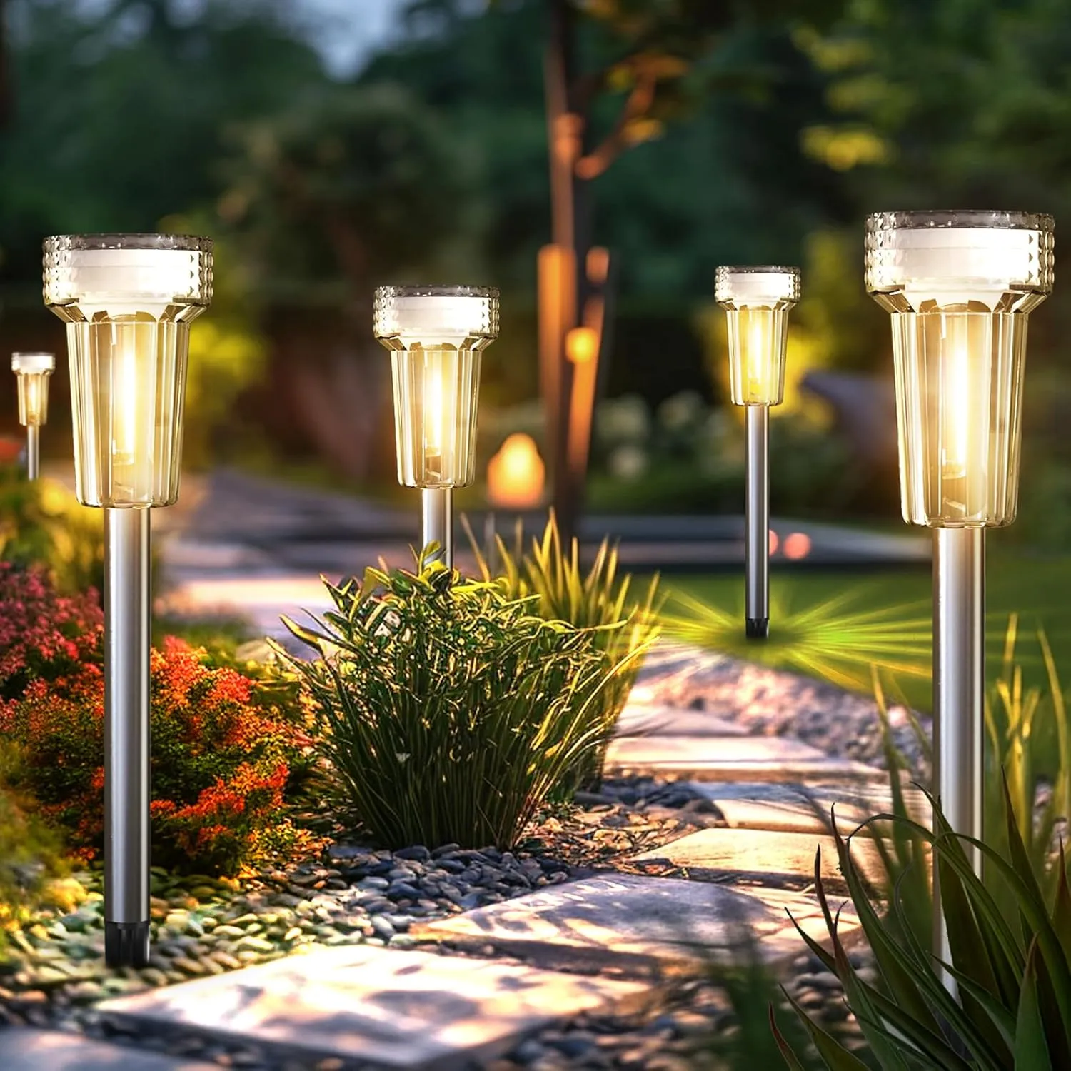 Solar Lights Outdoor Waterproof, 8 Pack Stainless Steel Solar Pathway Lights LED Tungsten Outdoor Lighting Garden Decor for Path Yard Lawn Walkway Driveway, 3000K