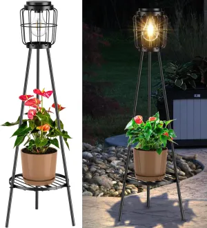 Solar Lights with Plant Stand, Outdoor Floor Lamp, Waterproof Solar LED Edison Bulb Light Flower Shelf for Patio Porch Deck Yard Garden Decor-1 Pack
