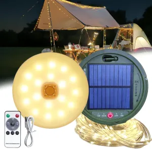 Solar Powered Camping String Lights, 39Ft Fairy Strip, USB Rechargeable Portable Tent Lantern with Remote Control & 5 Lighting Modes for Hiking, Night Trip, Events Decor Indoor Outdoor IP44 Waterproof