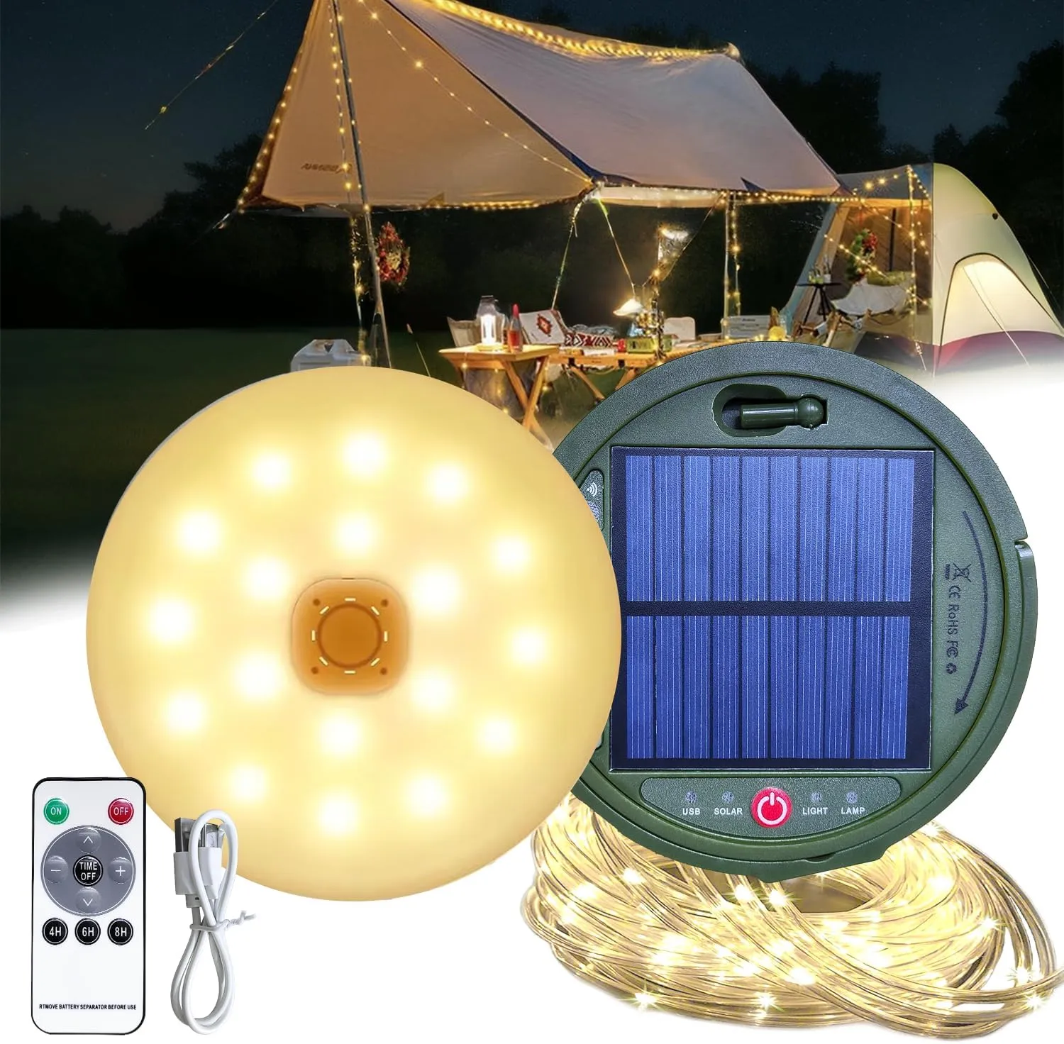 Solar Powered Camping String Lights, 39Ft Fairy Strip, USB Rechargeable Portable Tent Lantern with Remote Control & 5 Lighting Modes for Hiking, Night Trip, Events Decor Indoor Outdoor IP44 Waterproof