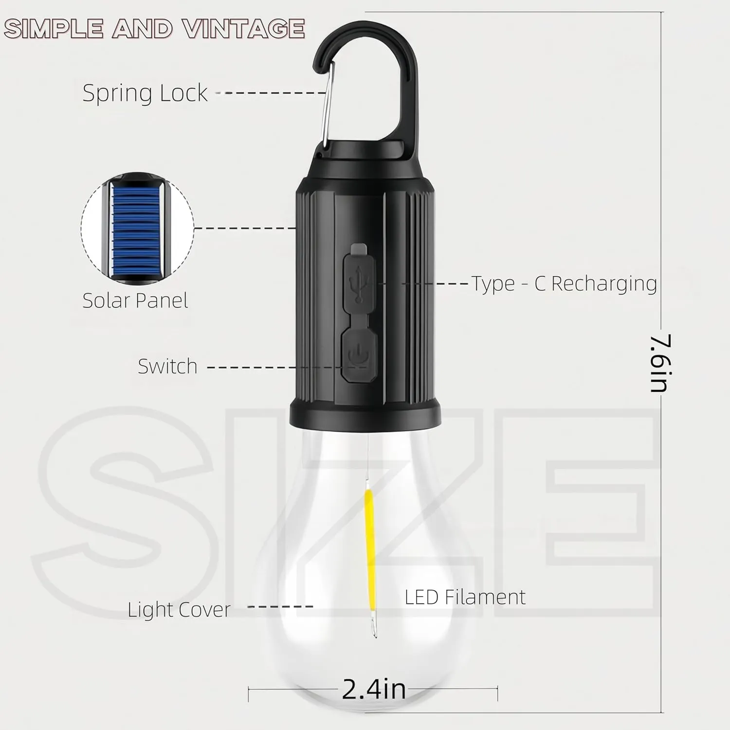 Solar Rechargeable Hooked Camping Light, 2025 New 3 Light Modes Adjustable Waterproof Portable Solar Camping Light for Hiking, Party, Camping, Fishing (B, 6pcs)