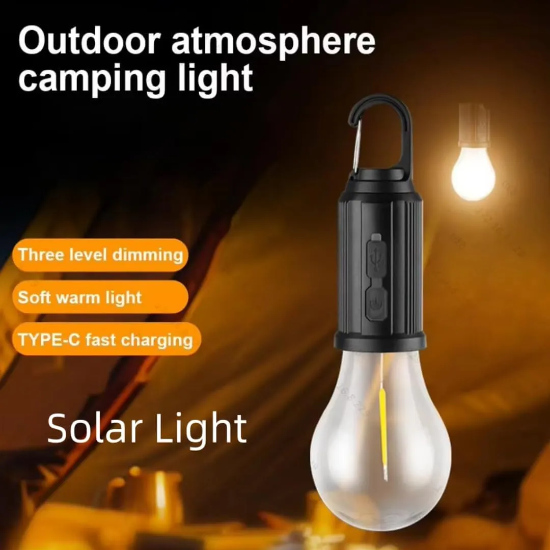 Solar Rechargeable Hooked Camping Light - 2025 New Solar Camp Tent Lights, Waterproof LED Camping Lantern, Outdoor Emergency Hanging Lights Bulbs for Hiking Party (Bulb)