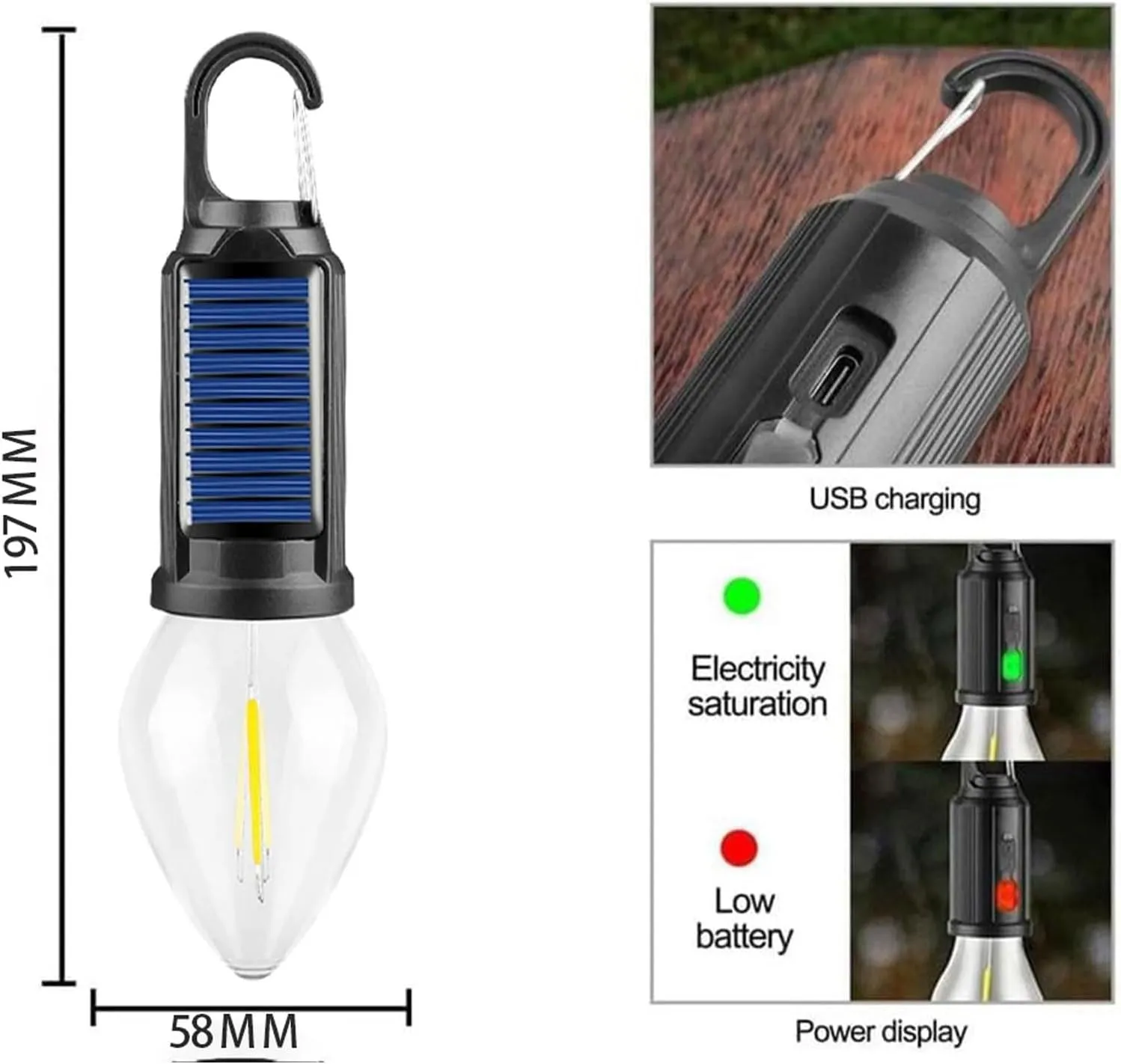 Solar Rechargeable Hooked Camping Light, Multi-Functional Waterproof Solar Tent Lights, USB Rechargeable Led Camping Lantern,Portable Clip Hook Indoor ＆ Outdoor Hanging Lantern (Tapered Style, 4)