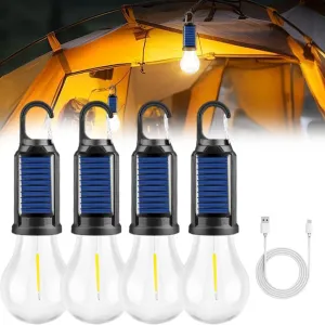 Solar Rechargeable Hooked Camping Light, Outdoor Waterproof Portable LED Camping Lamps for Tent, Solar Camping Light for Hiking, Party, Camping, Fishing (4Sets)