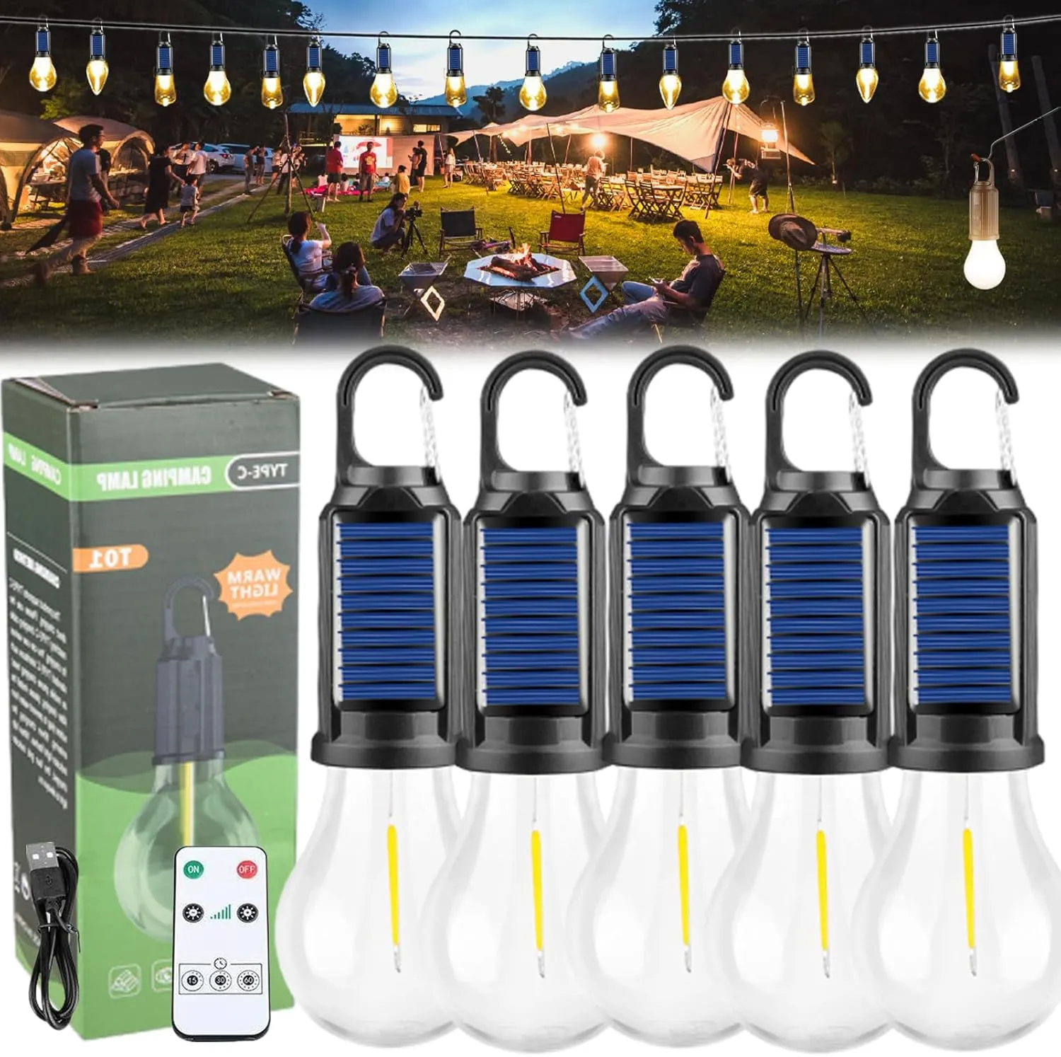 Solar Rechargeable Hooked Camping Light, Solar Rechargeable Light Bulbs, USB Charging Tungsten Light Bulb Solars Lights with Power Display, LED Tent Lights with IPX4 Waterproof (5*Spherical)