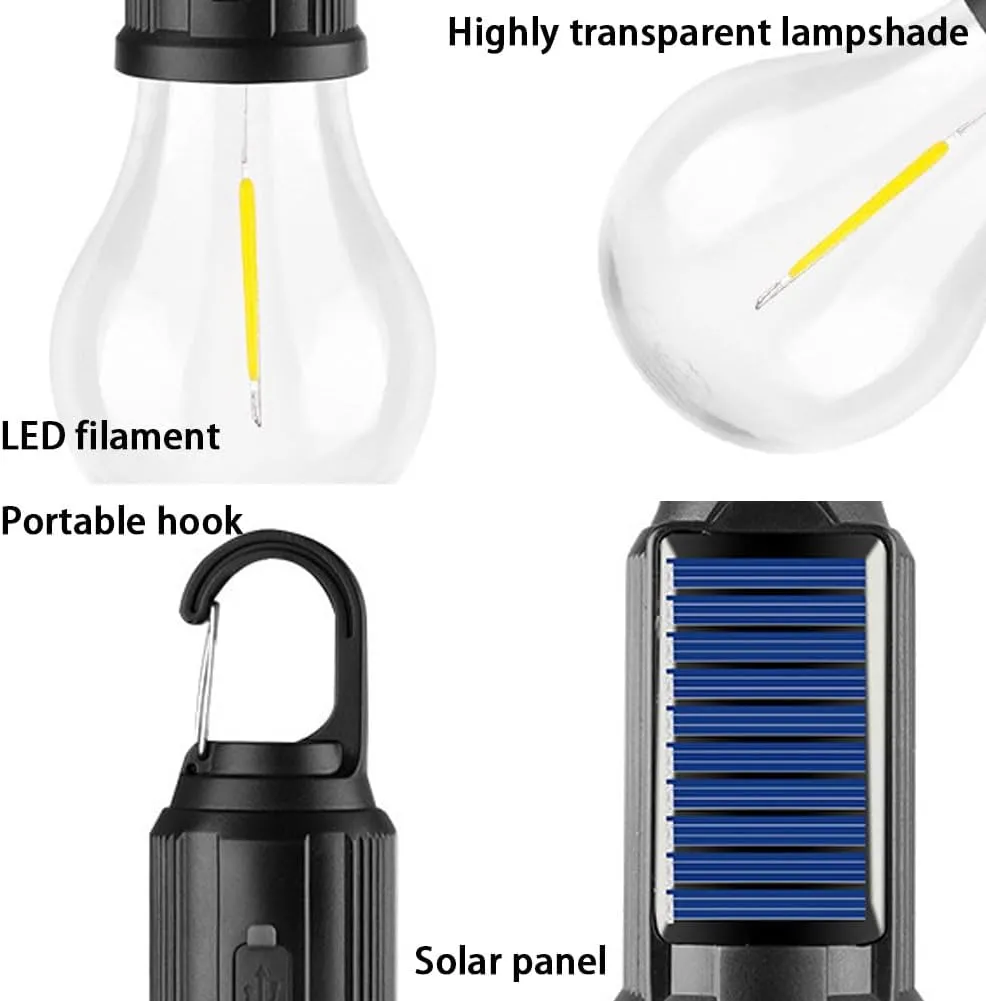 Solar Rechargeable Hooked Camping Light, Solar Rechargeable Light Bulbs, USB Charging Tungsten Light Bulb Solars Lights with Power Display, LED Tent Lights with IPX4 Waterproof (5*Spherical)